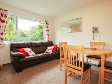 A living room with a sofa and dining table at Villa 12 near Camelford