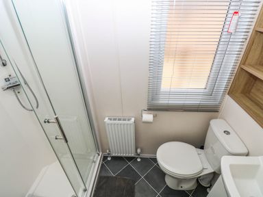 A bathroom with shower, toilet, and radiator at Seascape in Haverfordwest