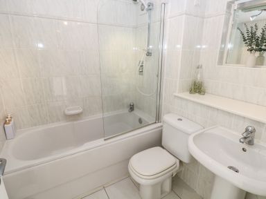 A bathroom with a bathtub and shower at Hafan y Tyddyn