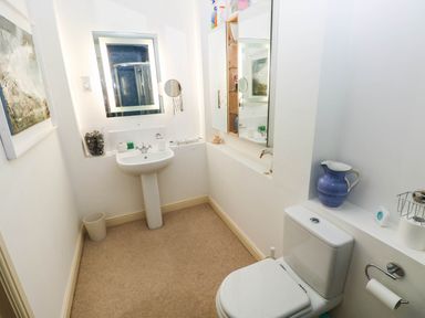 A bathroom with a sink and toilet at Basement Apartment in Tenby