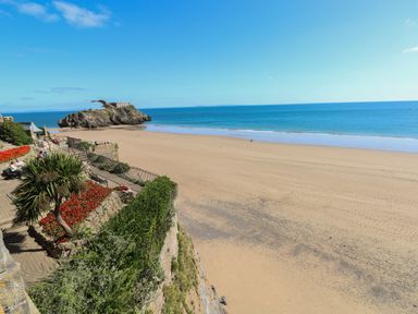 A beach with sand and palm trees at the waterfront in Tenby