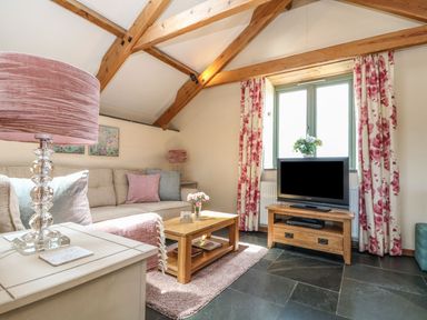 A living room with a sofa and television at Oak Cottage in Truro