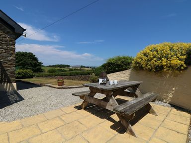 A garden with a wooden table and mugs at Oak Cottage in Truro