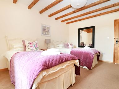 A bedroom with two beds and a mirror at Hawthorn Cottage in Truro