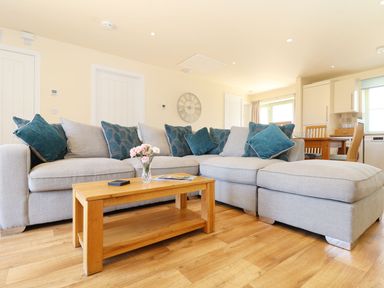 A living room with a sofa and coffee table at Elm Cottage in Truro
