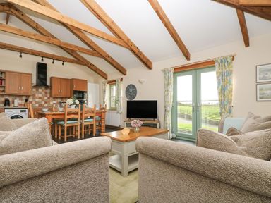 A living room with a sofa and dining area at Ash Cottage in Truro