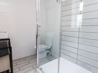 A bathroom with a shower and toilet at Flat 1, 2 Wooperton Street Weymouth