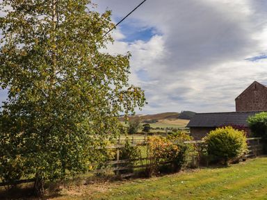 A view of trees and hills with a building in the background at The Gables in Alnwick