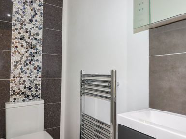 A bathroom featuring a toilet sink and towel radiator at Apartment 3 in Newquay