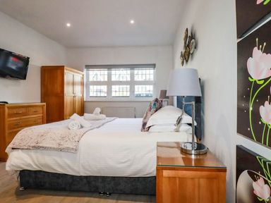 A bedroom with a bed and television at Apartment 1 in Newquay