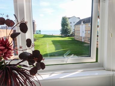 A view from a window showing grass and buildings at 21 Ferrara Square Swansea
