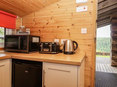 A kitchen with a microwave, toaster, kettle, and refrigerator at Thimble Lodge in Gunnislake