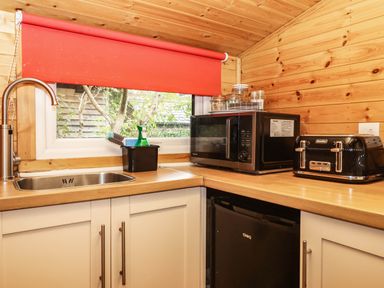 A kitchen with a sink, microwave, toaster, and fridge at Thimble Lodge Gunnislake
