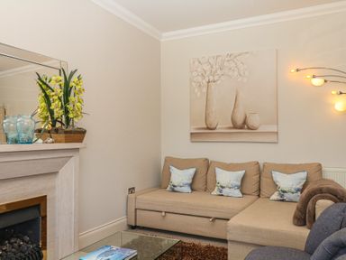 A living room with a sofa, coffee table, and fireplace at 1 Embankment House in Dartmouth
