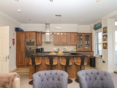 A kitchen with wooden cabinets and appliances at 1 Embankment House Dartmouth