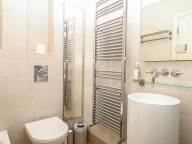 A bathroom with a toilet, sink, and towel rail at 1 Embankment House in Dartmouth