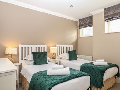 A bedroom with twin beds and a bedside lamp at 1 Embankment House in Dartmouth