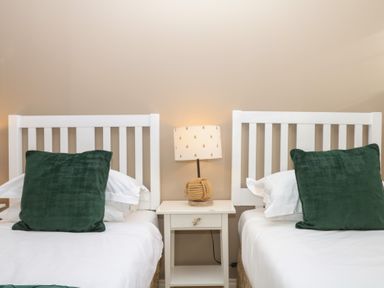 A bedroom with two beds and a lamp at 1 Embankment House in Dartmouth
