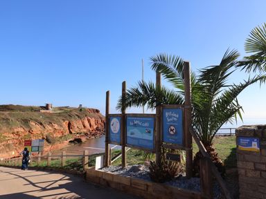 An outdoor sign near a beach with a palm tree at Club Sahara Sandy Bay, Exmouth