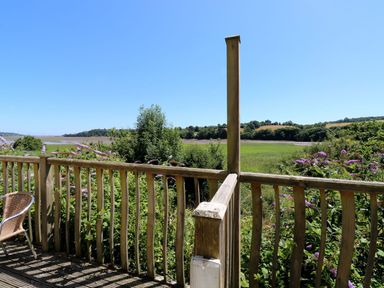 A deck with a chair and plants overlooking a field at Moorhen in Kingsteignton