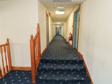 A hallway with a carpet and doors at Moorhen in Kingsteignton