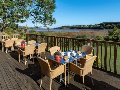 An outdoor deck with tables and chairs at Plover in Kingsteignton