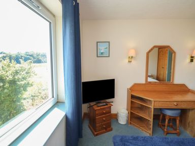 A bedroom with a desk and television at Nightjar in Kingsteignton