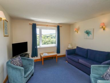 A living room with a sofa, armchair, and television at Chaffinch in Kingsteignton