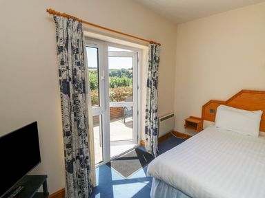 A bedroom with a bed and television at Egret in Kingsteignton