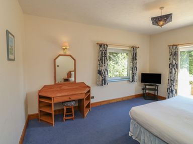A bedroom with a bed, desk, mirror and television at Egret in Kingsteignton