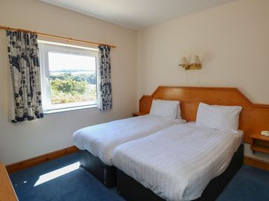 A bedroom with two beds and a window with curtains at Avocet in Kingsteignton