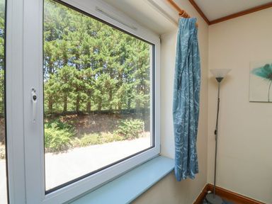 A window with a curtain and a floor lamp at Sycamore in Kingsteignton