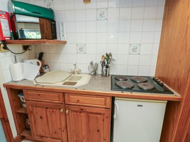 A kitchen with a sink, cooker, and refrigerator at Sycamore in Kingsteignton