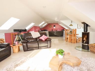 A living room with a telescope and fireplace at Harber Rise in Carlyon Bay