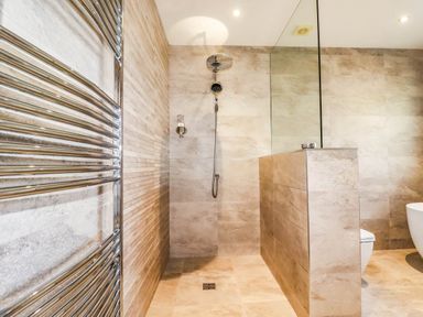 A bathroom with a shower and toilet at Harber Rise in Carlyon Bay