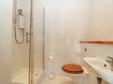 A bathroom with a shower, toilet, and sink at Llywelyn in Trearddur Bay