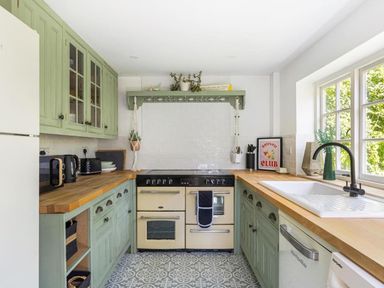 A kitchen with appliances and wooden countertops at the property