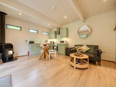 A living room with kitchen area and stove at a property