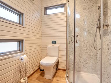 A bathroom with toilet and shower at the property in 