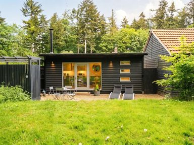 A black wooden cabin with outdoor seating in a garden setting