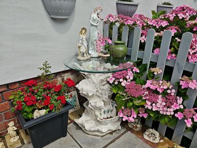 A garden with a glass table and flower pot at '' in ''