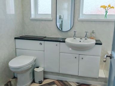 A bathroom with a toilet, sink, and mirror and cabinet at the property