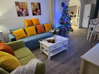 A living room with a Christmas tree and a sofa at an unknown location