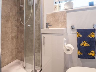 A bathroom with shower, toilet and sink at The Old Barn in Manchester