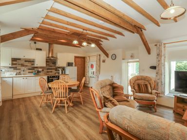 An open plan living area with kitchen and dining space at Bryn Eithin in Penygroes