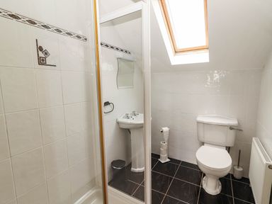 A bathroom with a shower, sink, and toilet at Wild Atlantic Ferry View, Kilrush, County Clare