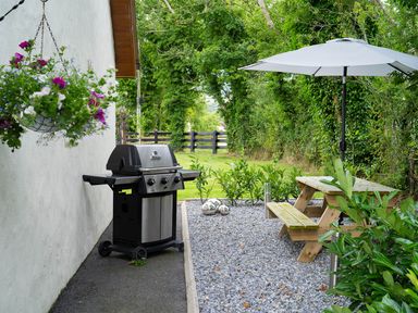 A garden area with a grill and picnic table at Limavady Cherry Tree Apartment, Sleeps 2 and Parking, Limavady