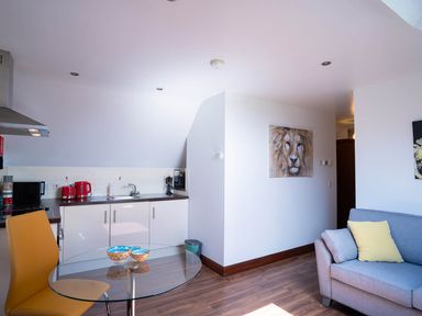 A living room with kitchen appliances and furniture at Limavady Cherry Tree Apartment, Sleeps 2 and Parking in Limavady
