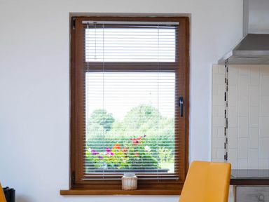 A window with blinds and flower pot in a kitchen at Limavady Cherry Tree Apartment, Sleeps 2 and Parking, Limavady