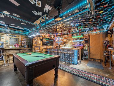 A game room with a pool table and bar at 5 Bed House, Sleeps 14 with Hot Tub and Bar, Tavistock